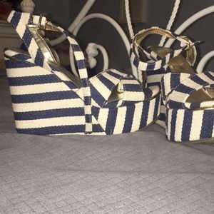 Navy blue and white striped wedges. Hardly worn!